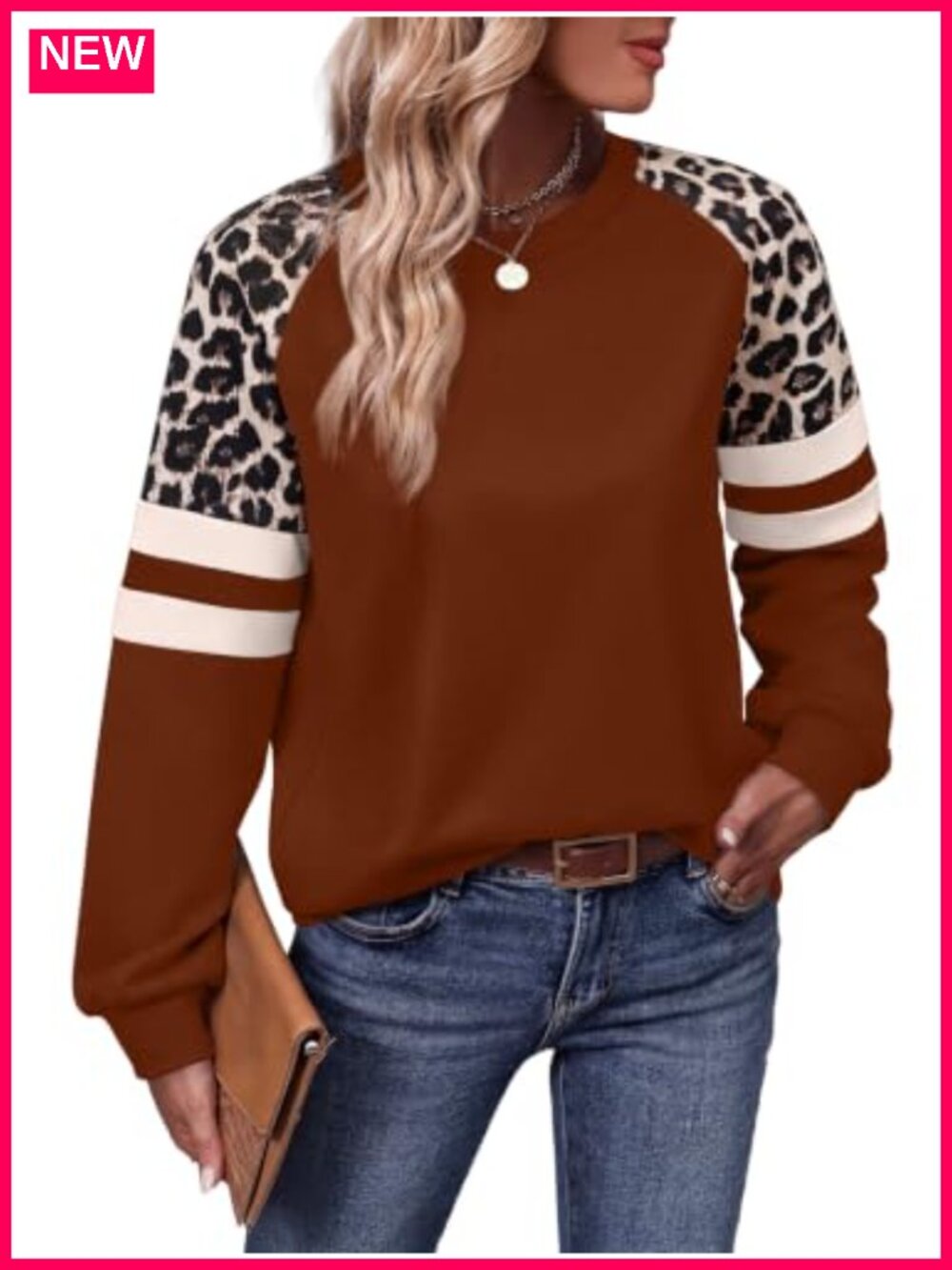 Womens Color Block Sweatshirt Leopard Print Sleeve Loose Fit Tunic Top